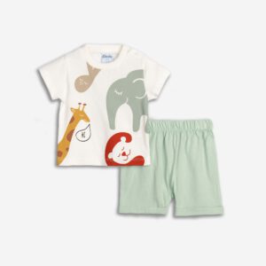 Set aus kurzärmligem T-Shirt und Interlock-Shorts für Jungen von 9 und 12 Monaten in Weiß/Dunkel-Pistazie