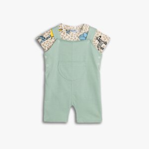 Set aus Kurzarm-Body und Interlock-Latzhose für Jungen 6 und 9 Monaten in der Farbe Weiß Allover/Dunkelpistazie