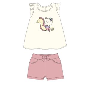Set aus kurzärmligem T-Shirt, Shorts und Socken für Mädchen von 3 bis 12 Monaten in Ecru/Altrosa