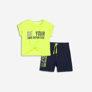 Set aus Bermudashorts aus Jersey für Mädchen von 8 und 12 Jahren in Neon-Limettengrün/Blau