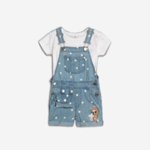 Set aus T-Shirt und Jeans-Latzhose für Mädchen von 3 bis 4 Jahren in Weiß/Jeansblau