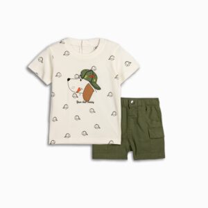 Set aus festem Stoff für Jungen von 6 , 9 und 24 Monaten in Ecru Allover/Khaki