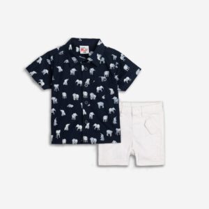 Set aus kurzärmligem Hemd und fester Lycra-Shorts für Jungen von 12 und 24 Monaten in Blau Allover/Weiß