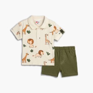 Set aus kurzärmligem Poloshirt, Socken und Piqué-Shorts für Jungen von 6 bis 24 Monaten in Blau Allover/Aspen Green