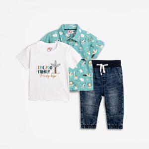 3-teiliges Set mit kurzärmligem Hemd, kurzärmligem T-Shirt und Jeanshose für Jungen 18 und 24 Monaten in Diamond Allover/Weiß/Jeansblau