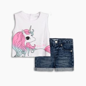 Set aus Stretch-Jeans-Shorts für Mädchen von 6 bis 24 Monaten in Weiß/Jeansblau